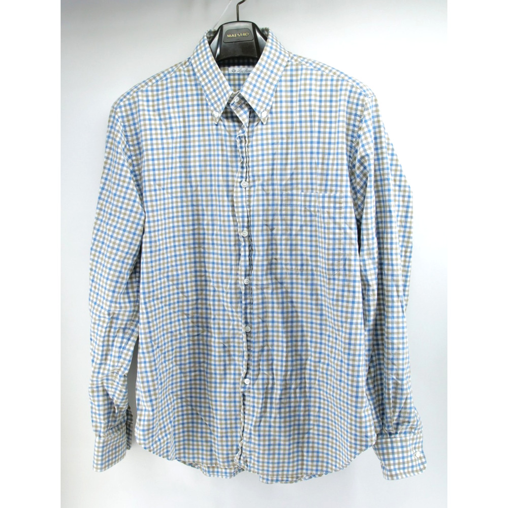 LORO PIANA COTTON BUTTON SHIRT 17 43 Large WHITE BLUE Brown Check
